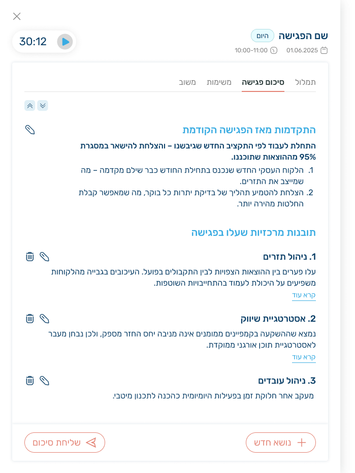 סיכום פגישה אוטומטי — תמלול, נקודות מרכזיות ומשימות פולואפ